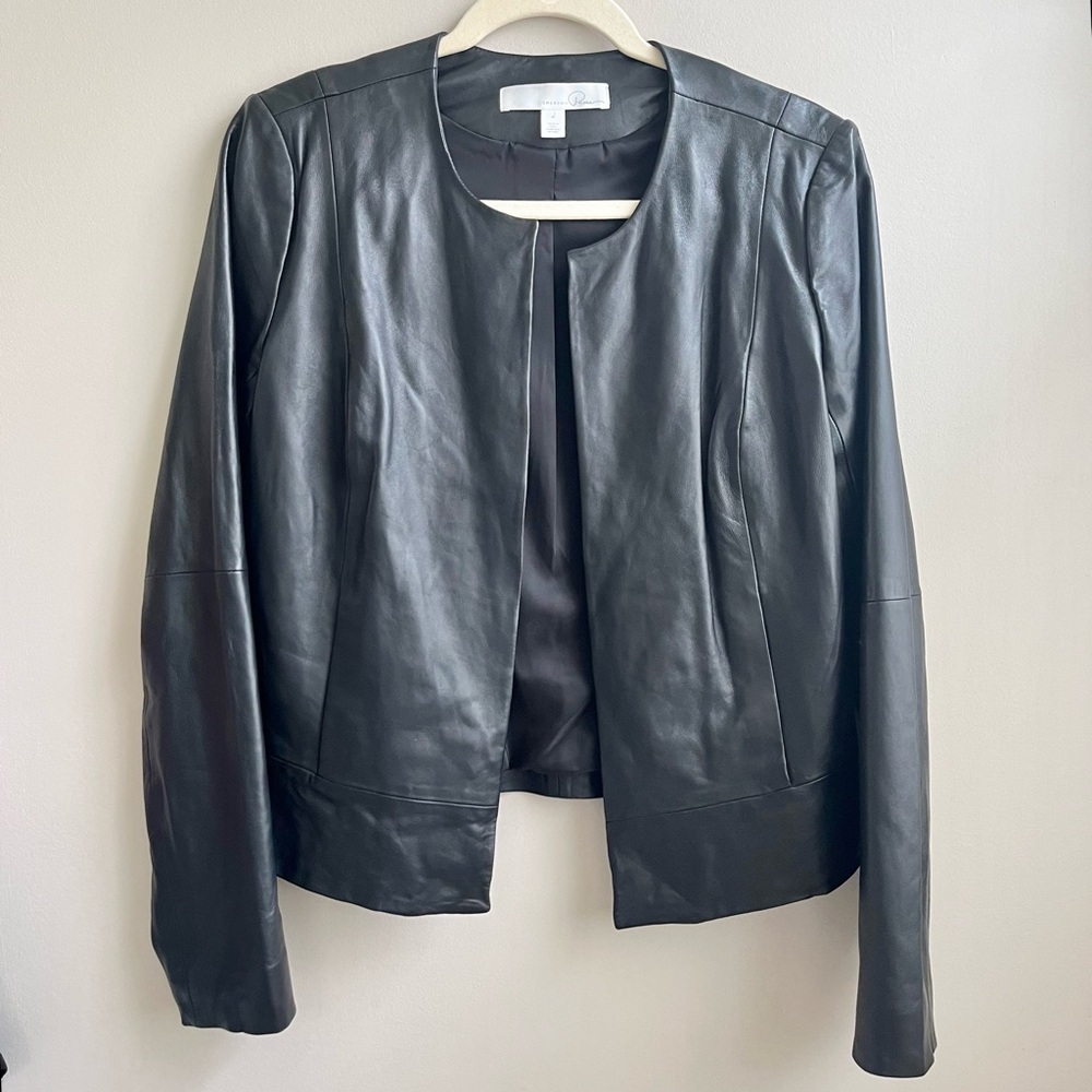 Emerson Rose Black Leather Collarless Blazer Jacket